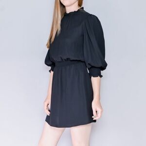 Amanda Uprichard Vista Smocked Ruffle Long Sleeve Mini Dress Black size small